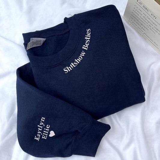 Embroidered Christmas Sweatshirts, Personalized Funny Best Friend Sweatshirts - Shitshow Besties Embroidery & Custom Sleeves