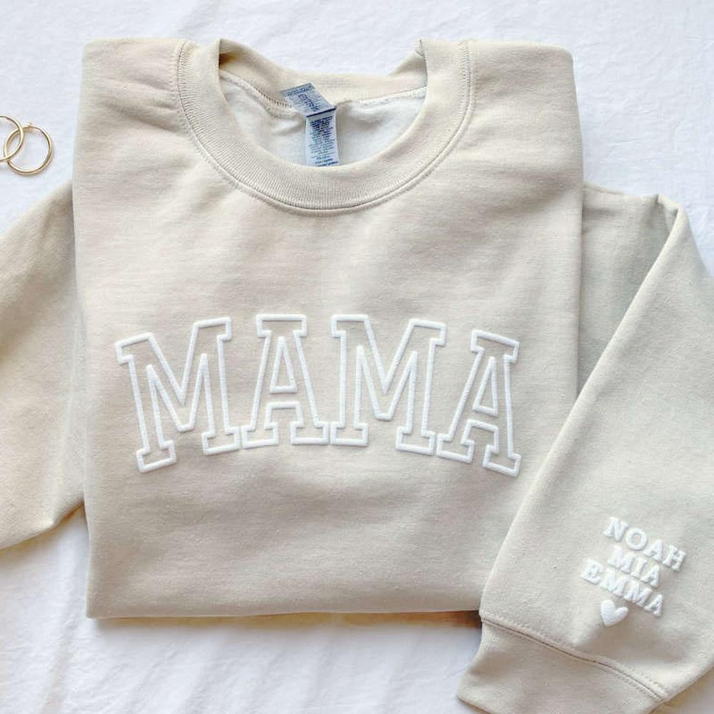 Embroidered Christmas Sweatshirts, Personalized Mama Sweatshirt With Kid Names On Sleeve, Embroidered Sweatshirt For Mom