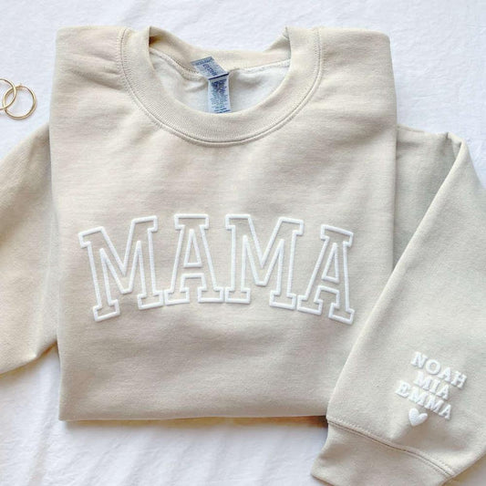 Embroidered Christmas Sweatshirts, Personalized Mama Sweatshirt With Kid Names On Sleeve, Embroidered Sweatshirt For Mom