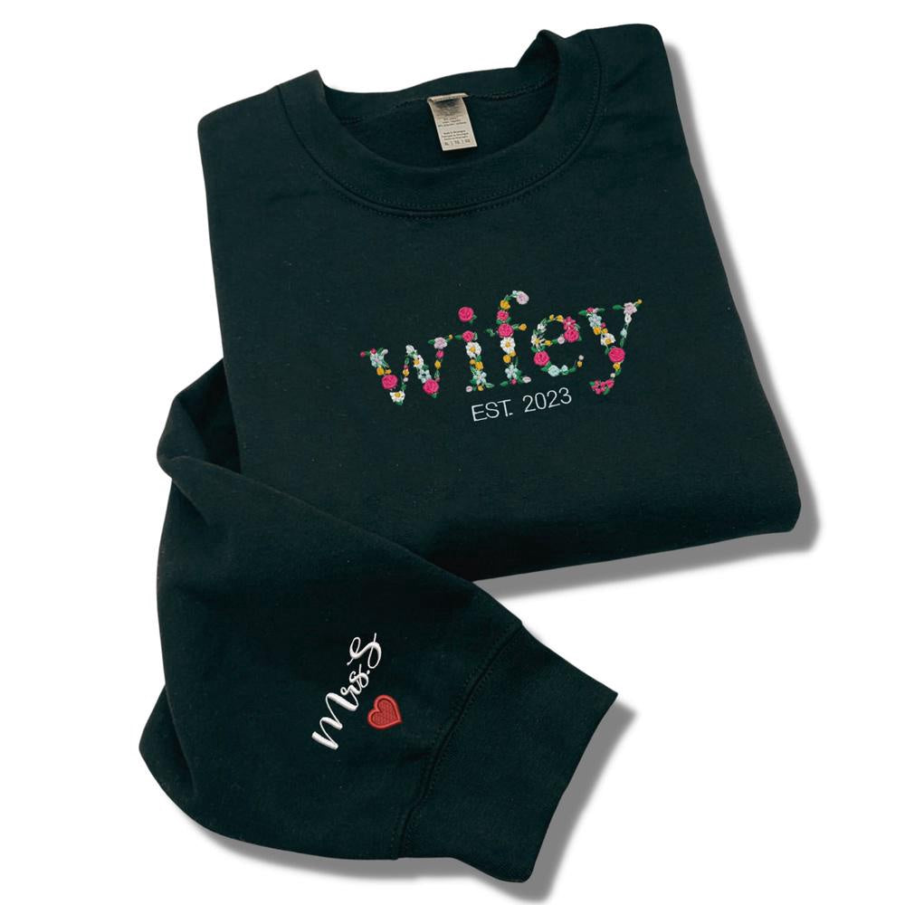 Embroidered Christmas Sweatshirts, Wifey Sweatshirt, Custom Floral Wifey Sweater Est 2024 Embroidered With Initial Heart Sleeve