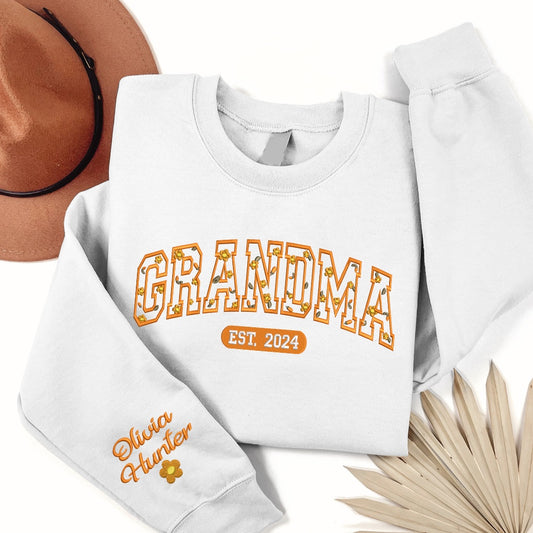 Embroidered Sweatshirt, Autumn Flower Embroidery Sweatshirt Halloween Trend For Grandma, Grandma Gifts