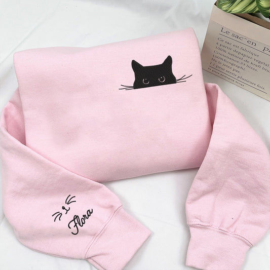 Embroidered Sweatshirt, Cat Sweatshirt,Cute Cat Sweatshirt,Black Cat Shirt,Cat Peeking Sweatshirt