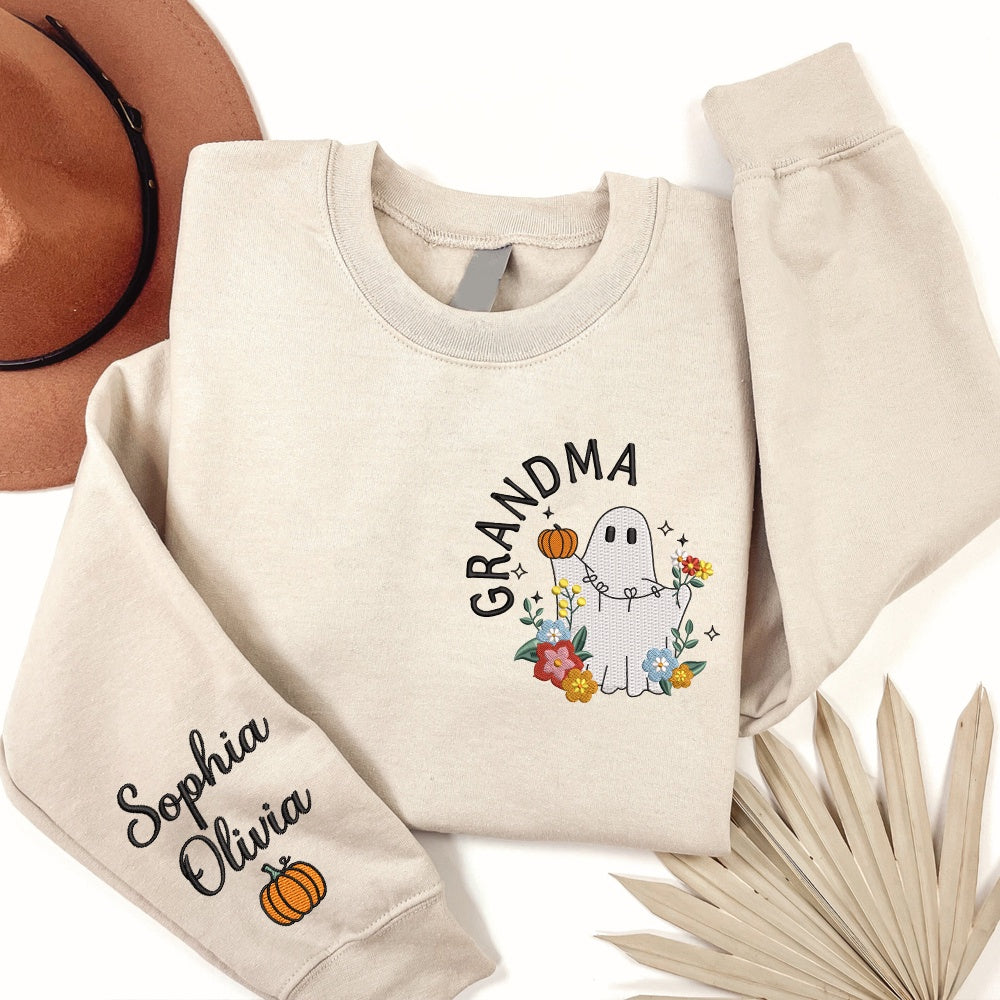Embroidered Sweatshirt, Christmas Cute Ghost Flower Sweatshirt Gift For Grandma