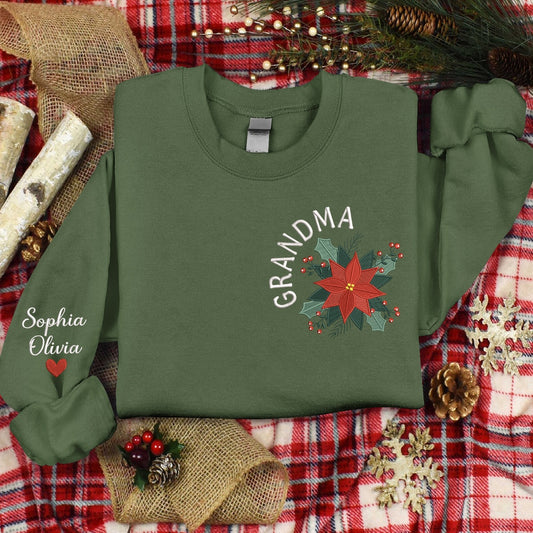 Embroidered Sweatshirt, Christmas Poinsettia Embroidery Sweatshirt Color For Gift Grandma