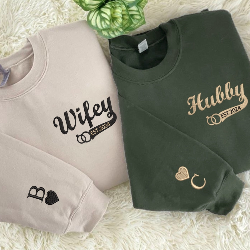 Embroidered Sweatshirt, Custom Couple Matching Hubby And Wifey Embroidered Sweatshirt