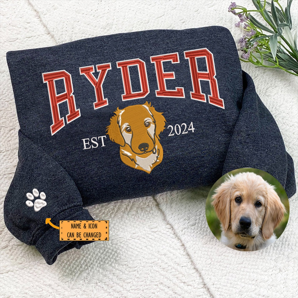 Embroidered Sweatshirt, Custom Dog Face Sweatshirt From Your Photo, Varsity Personalized Embroidered Sweatshirt With Dog Name