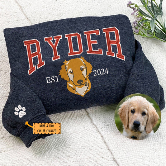 Embroidered Sweatshirt, Custom Dog Face Sweatshirt From Your Photo, Varsity Personalized Embroidered Sweatshirt With Dog Name