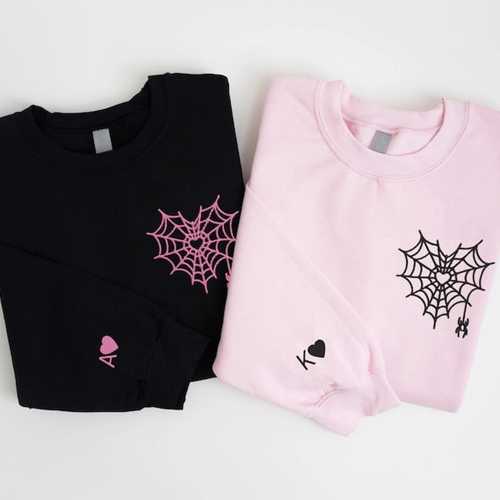 Embroidered Sweatshirt, Custom Embroidered Couple Sweatshirt, Heart Spider Sweatshirt, Heart Spiderweb Couple Sweatshirt
