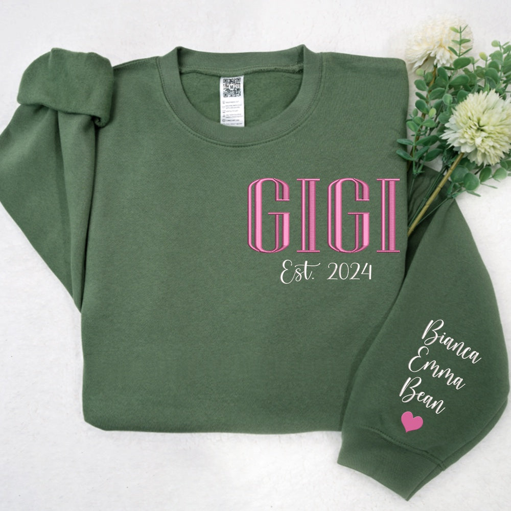Embroidered Sweatshirt, Custom Embroidered Gigi Est Name And Grandkids Sweatshirt