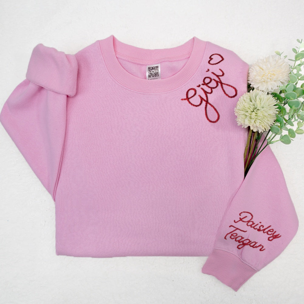 Embroidered Sweatshirt, Custom Embroidered Gigi Sweatshirt With Kids Name On Sleeve, Personalized Gigi Sweatshirt