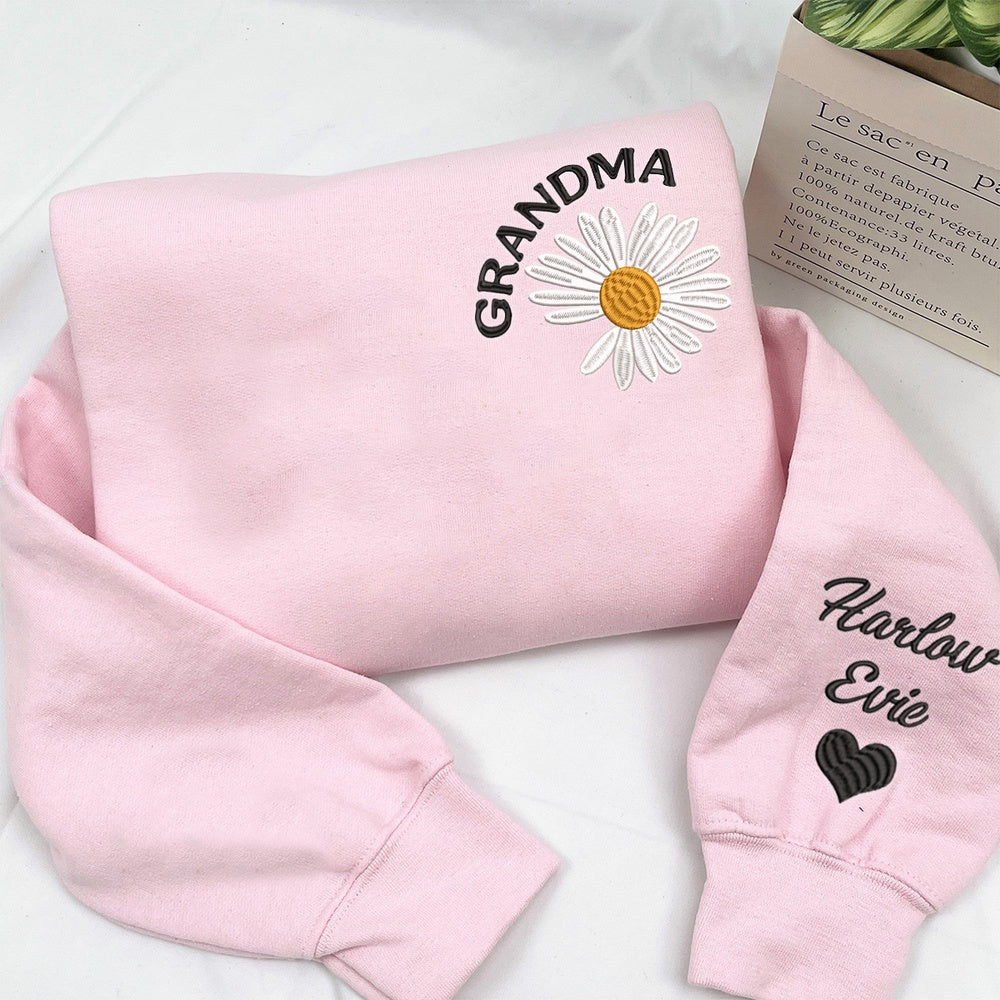 Embroidered Sweatshirt, Custom Embroidered Grandma Daisy Trend Sweatshirt
