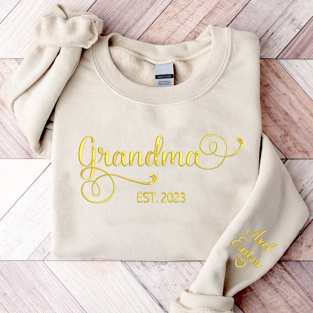 Embroidered Sweatshirt, Custom Embroidered Grandma With Kidname On Sleeve