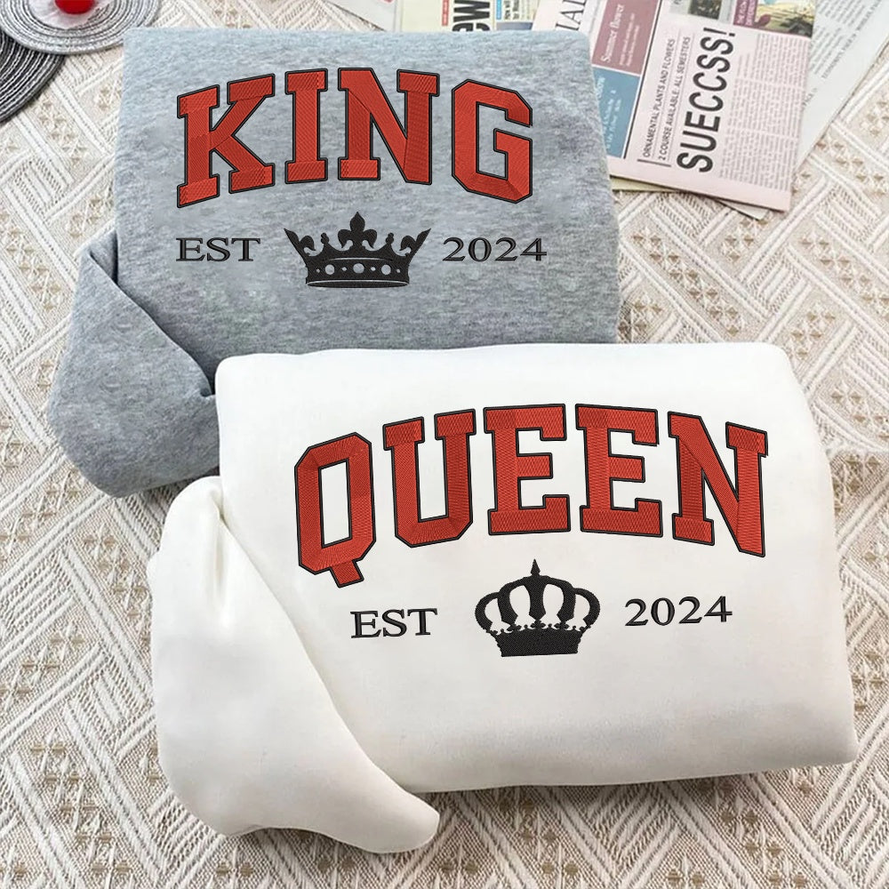 Embroidered Sweatshirt, Custom Embroidered King And Queen Custom With Est Year Matching Sweatshirt For Couples