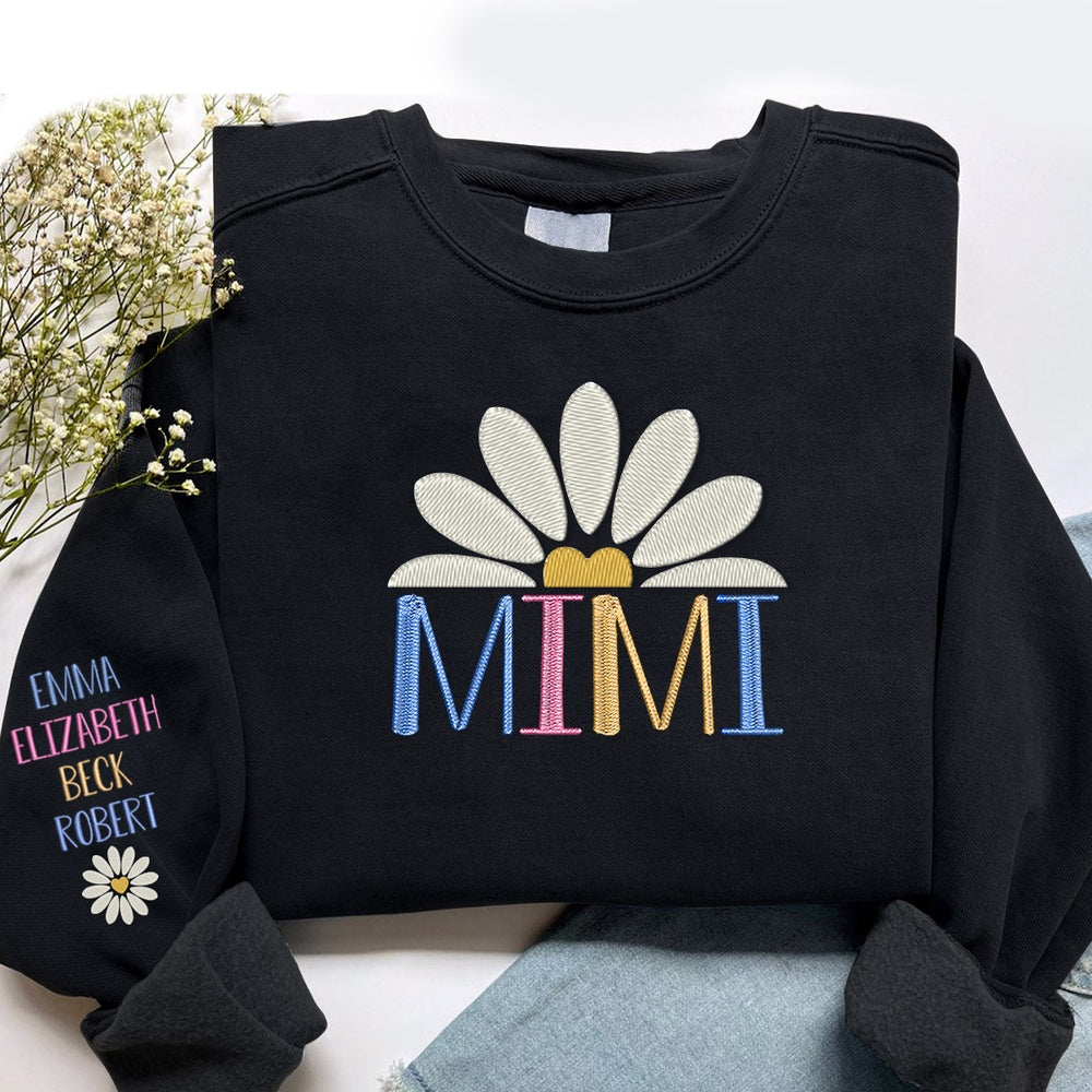 Embroidered Sweatshirt, Custom Embroidered Mimi Daisy Flower Sweatshirt