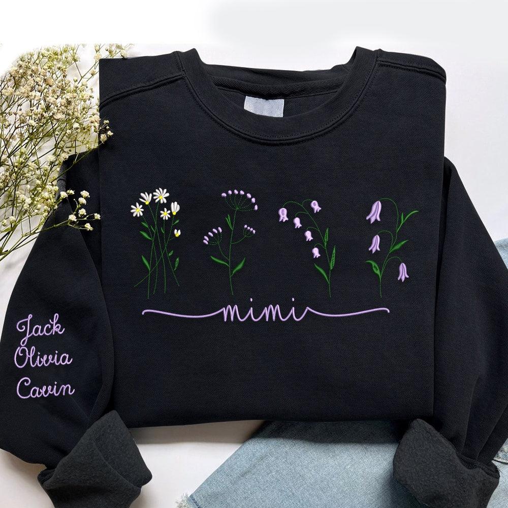 Embroidered Sweatshirt, Custom Embroidered Mimi Flower Sweatshirt