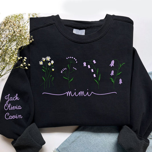 Embroidered Sweatshirt, Custom Embroidered Mimi Flower Sweatshirt