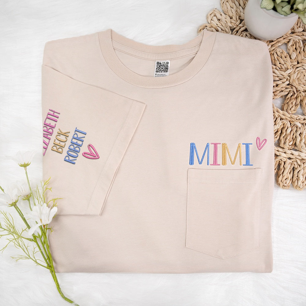 Embroidered Sweatshirt, Custom Embroidered Mimi Trend 2024 Pocket T-Shirt