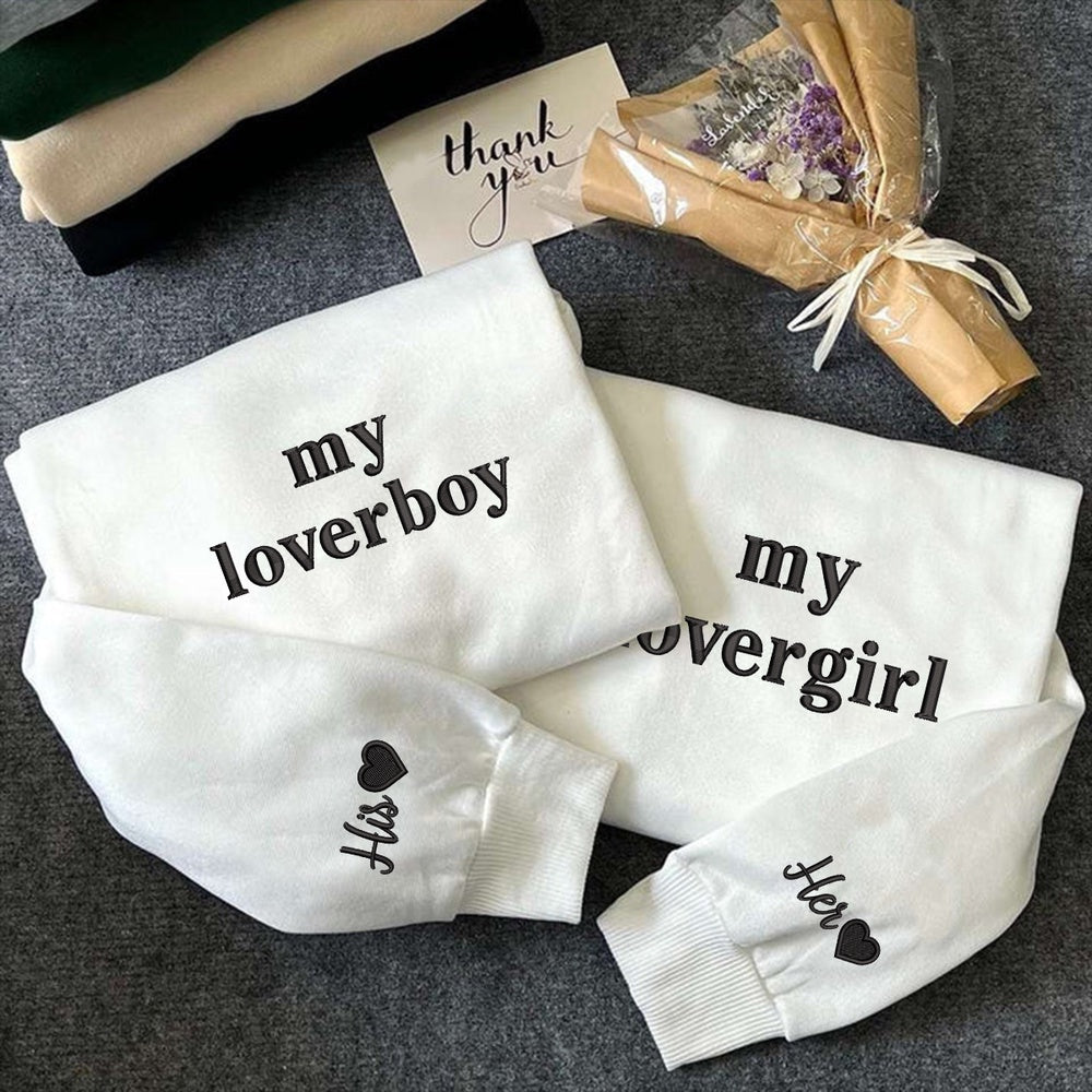Embroidered Sweatshirt, Custom Embroidered My Loverboy And My Lovergirl Matching Sweatshirt For Couples