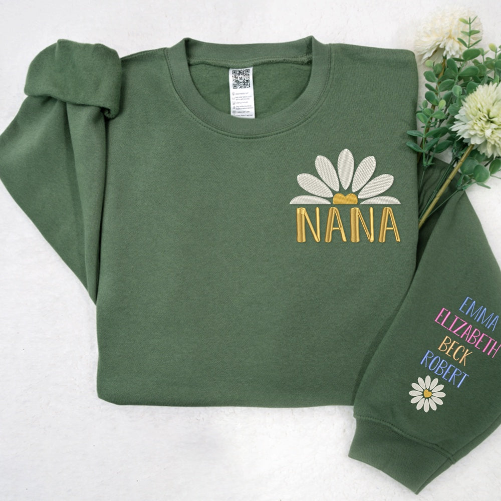 Embroidered Sweatshirt, Custom Embroidered Nana Daisy Flower Sweatshirt