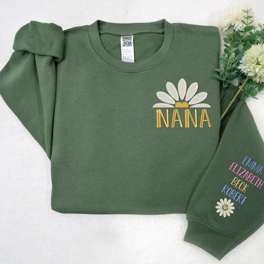Embroidered Sweatshirt, Custom Embroidered Nana Daisy Flower Sweatshirt