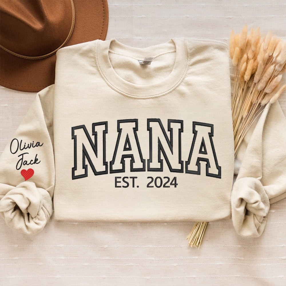 Embroidered Sweatshirt, Custom Embroidered Nana Est And Grandkids 2024 Sweatshirt