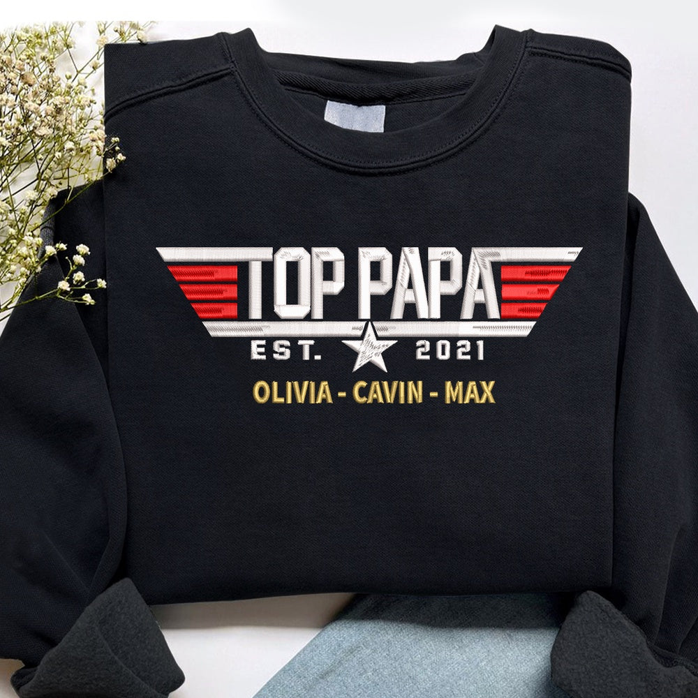 Embroidered Sweatshirt, Custom Embroidered Papa And Grandkids Sweatshirt