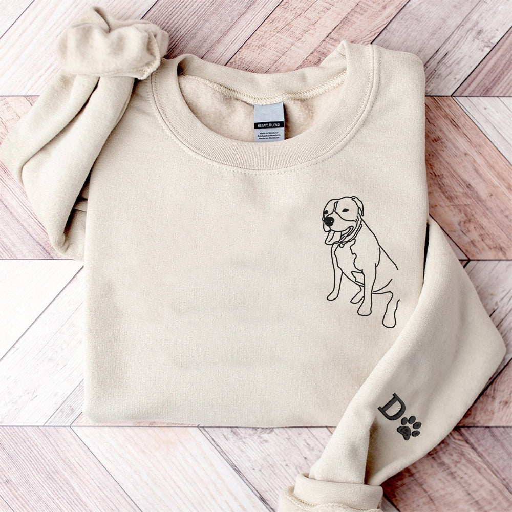 Embroidered Sweatshirt, Custom Embroidered Pet Sweatshirt Using Pet Photo, Paw Print On The Sleeve Sweatshirt