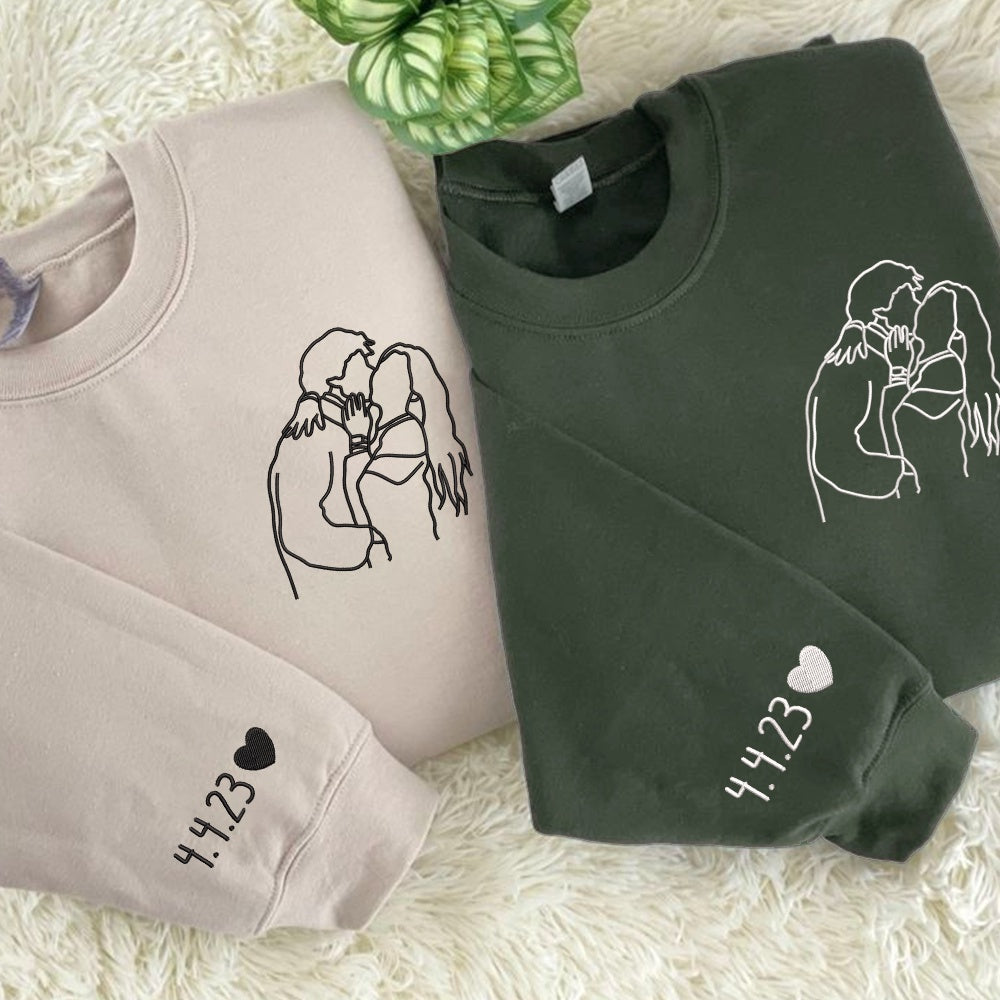 Embroidered Sweatshirt, Custom Embroidered Portrait Sweatshirt From Photo, Couple Sweatshirt