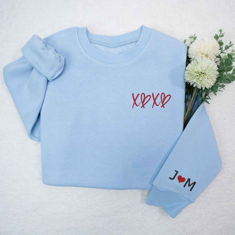 Embroidered Sweatshirt, Custom Embroidered Xoxo With Couple Name Sweatshirt
