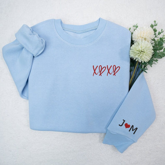 Embroidered Sweatshirt, Custom Embroidered Xoxo With Couple Name Sweatshirt