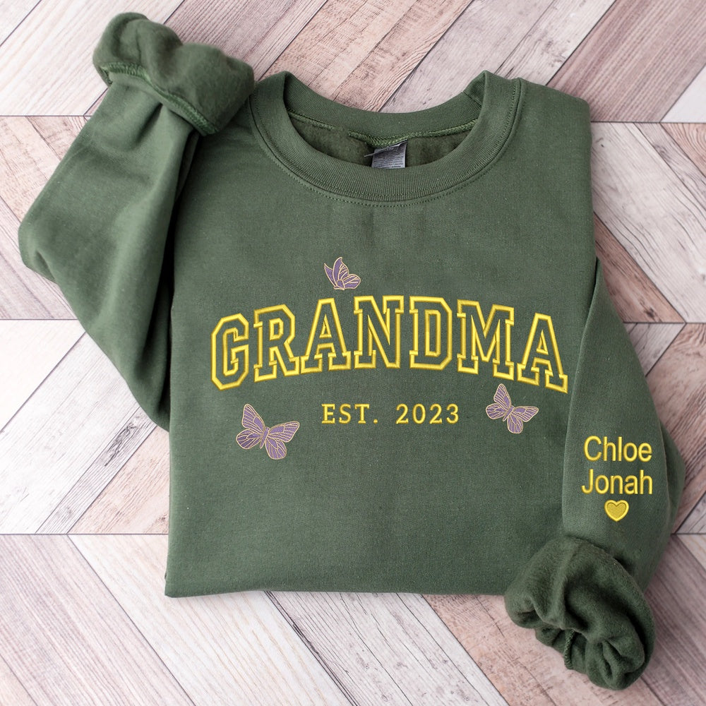 Embroidered Sweatshirt, Custom Grandma Butterfly And Kids Embroidered Sweatshirt