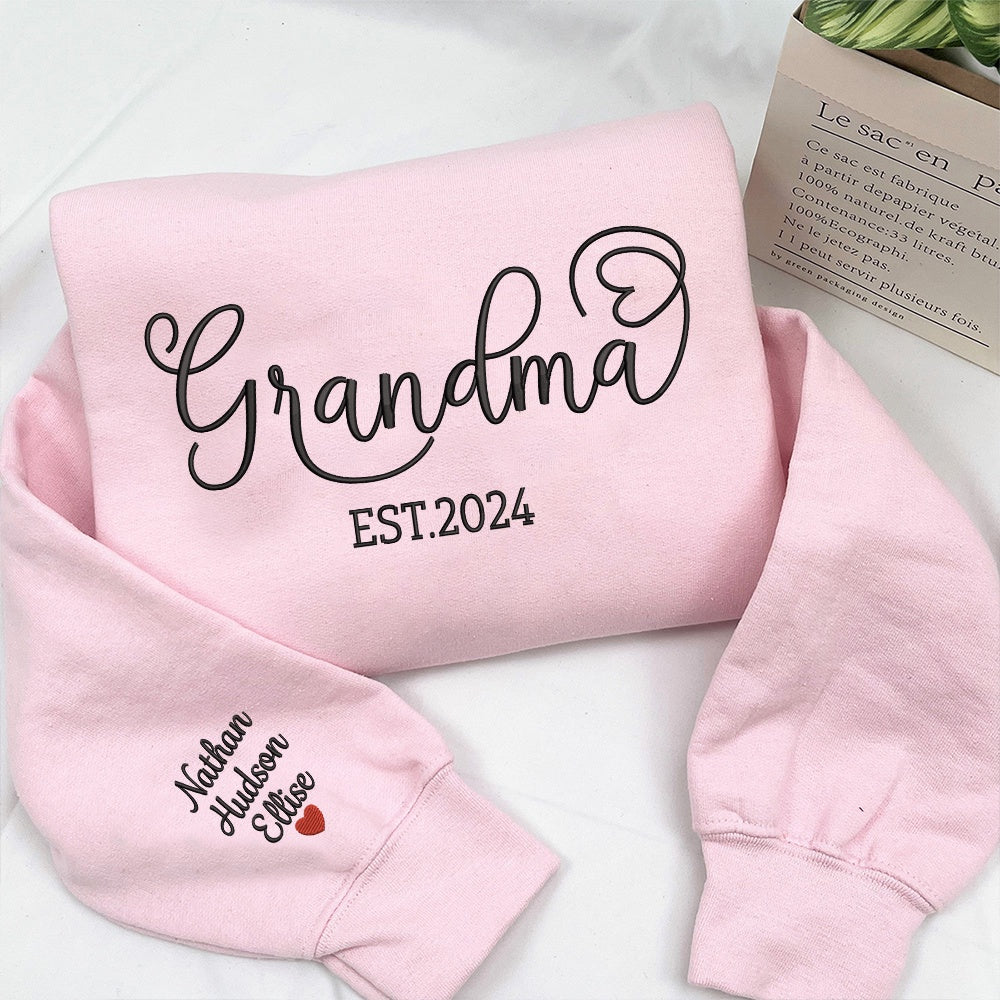 Embroidered Sweatshirt, Custom Grandma Est And Kids Embroidered Sweatshirt
