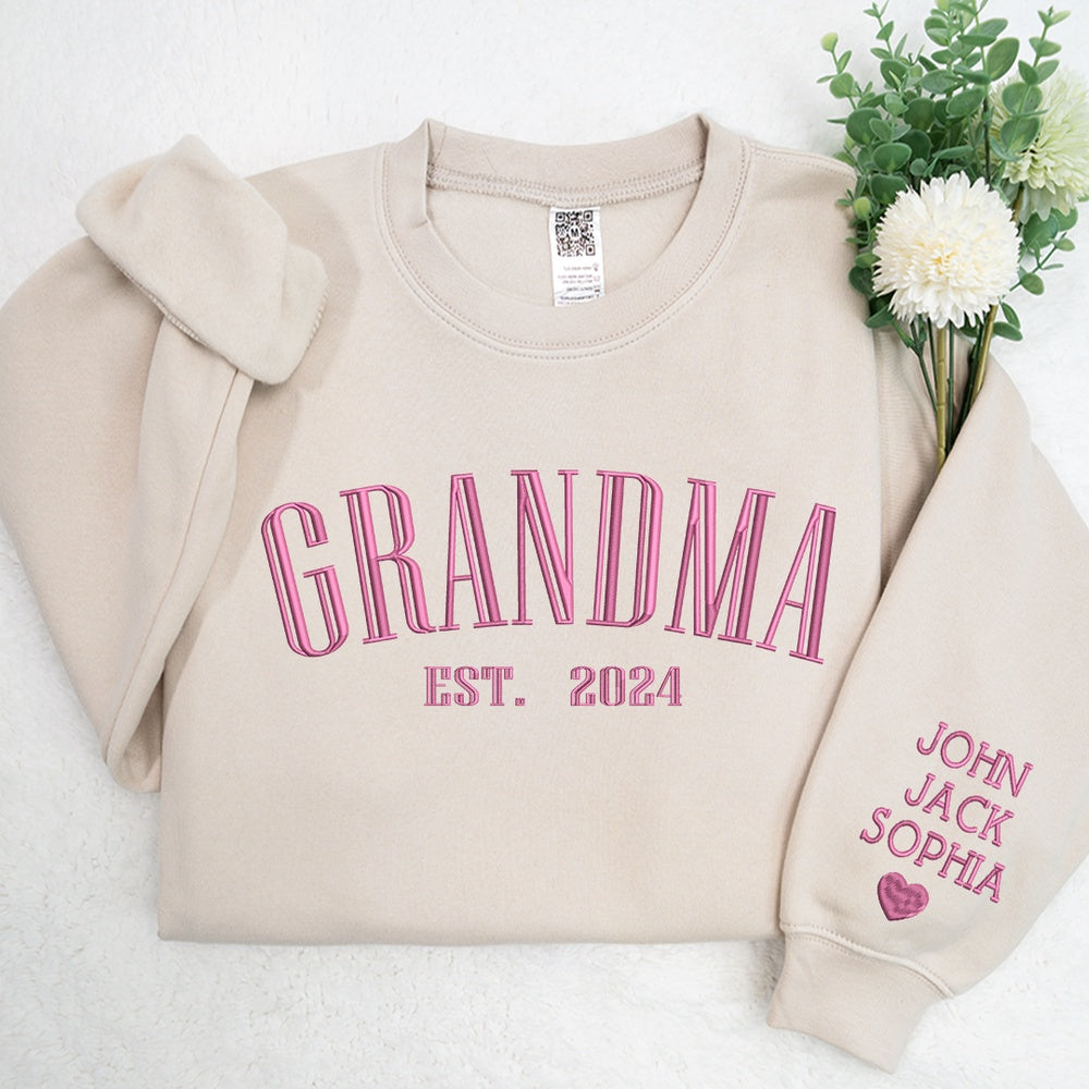 Embroidered Sweatshirt, Custom Grandma Est Embroidered Sweatshirt