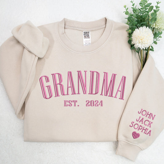 Embroidered Sweatshirt, Custom Grandma Est Embroidered Sweatshirt