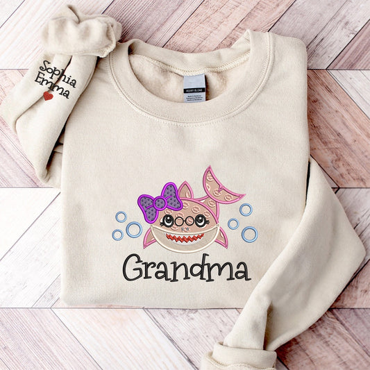 Embroidered Sweatshirt, Custom Grandma Shark Cute Embroidered Crewneck