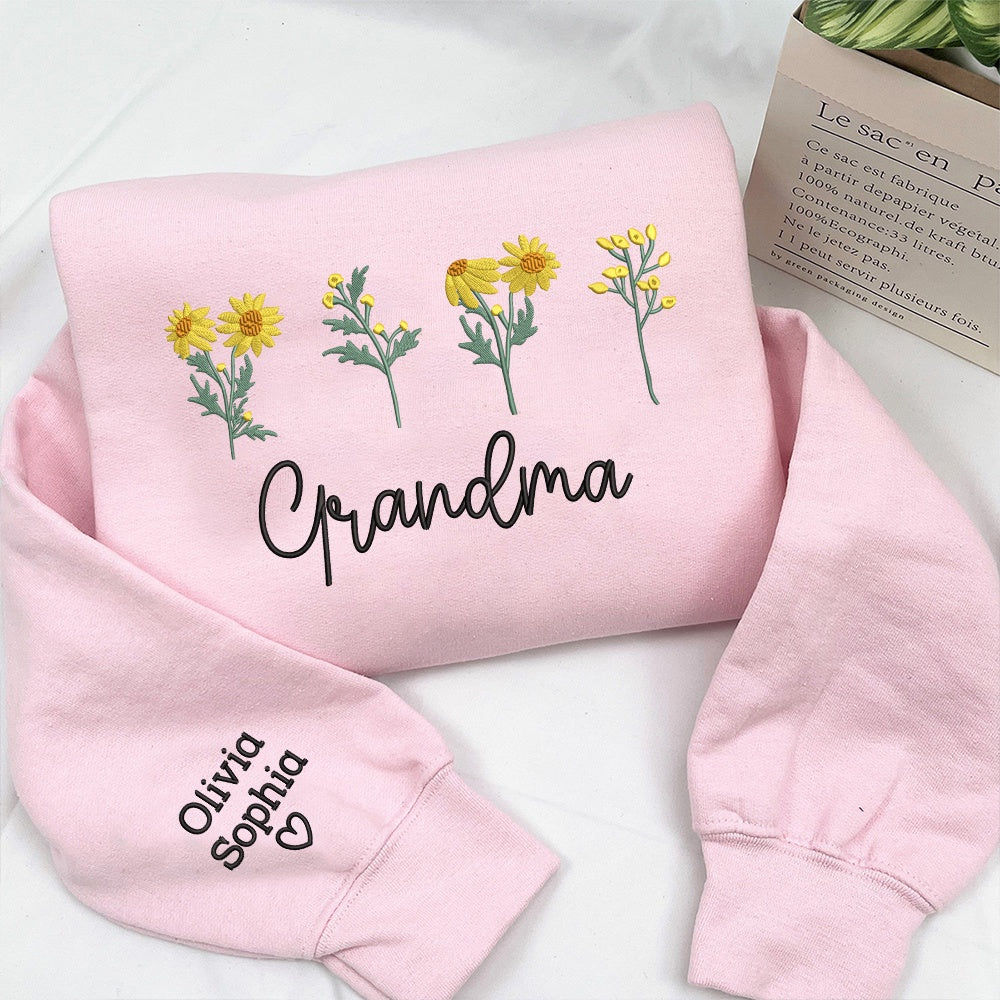 Embroidered Sweatshirt, Custom Grandma Sunflower With Kids Embroidered Sweatshirt