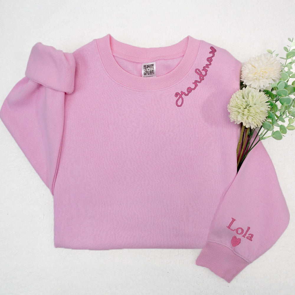 Embroidered Sweatshirt, Custom Grandma With Kids Embroidered Sweatshirt