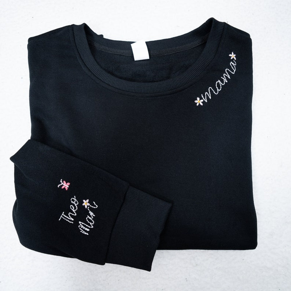 Embroidered Sweatshirt, Custom Hand Embroidered Mama With Kids Sweatshirt, Custom Any Names, Hand Stitched Sweatshirt
