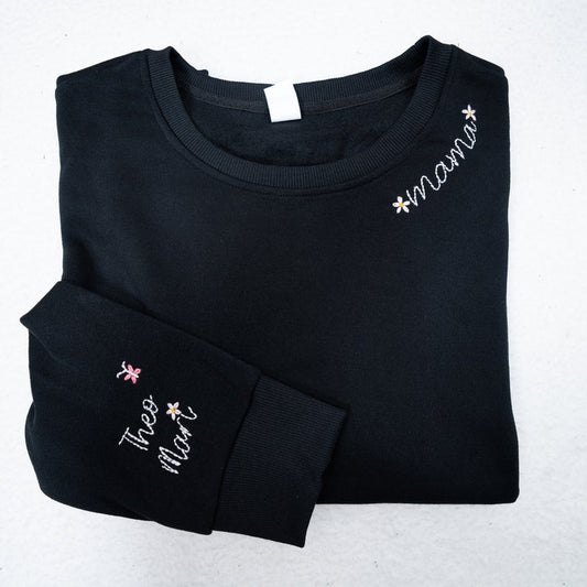 Embroidered Sweatshirt, Custom Hand Embroidered Mama With Kids Sweatshirt, Custom Any Names, Hand Stitched Sweatshirt