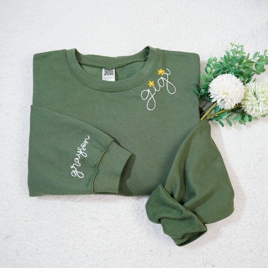 Embroidered Sweatshirt, Custom Hand Embroidered Mimi With Grandkids Name On Sleeve Sweatshirt