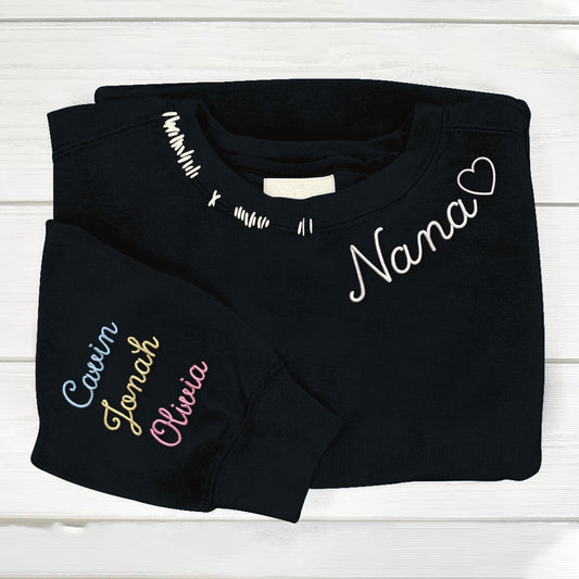 Embroidered Sweatshirt, Custom Hand Embroidered Nana And Grandkids Sweatshirt