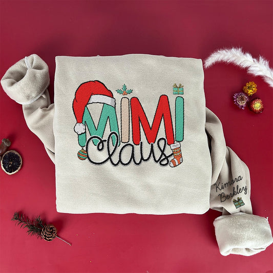 Embroidered Sweatshirt, Custom Mimi Claus Christmas And Kids Embroidered Sweatshirt