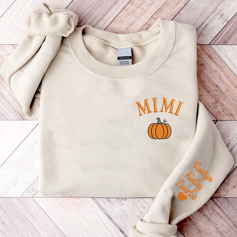 Embroidered Sweatshirt, Custom Mimi Pumpkin With Grandkids Sweatshirt