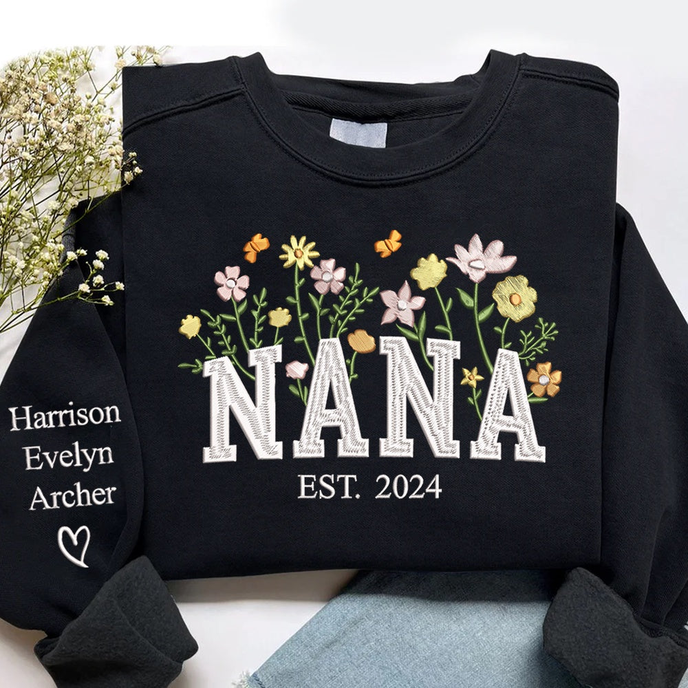 Embroidered Sweatshirt, Custom Nana Embroidered Floral Sweatshirt Grandma, Gigi, Mimi And Grandkids Sweatshirt