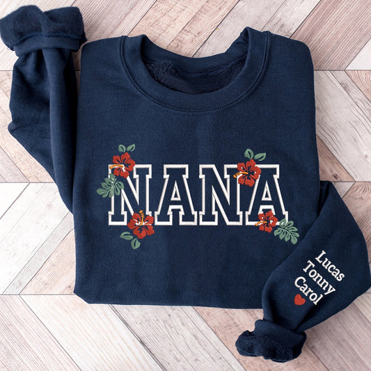 Embroidered Sweatshirt, Custom Nana Flower And Kids Sweatshirt