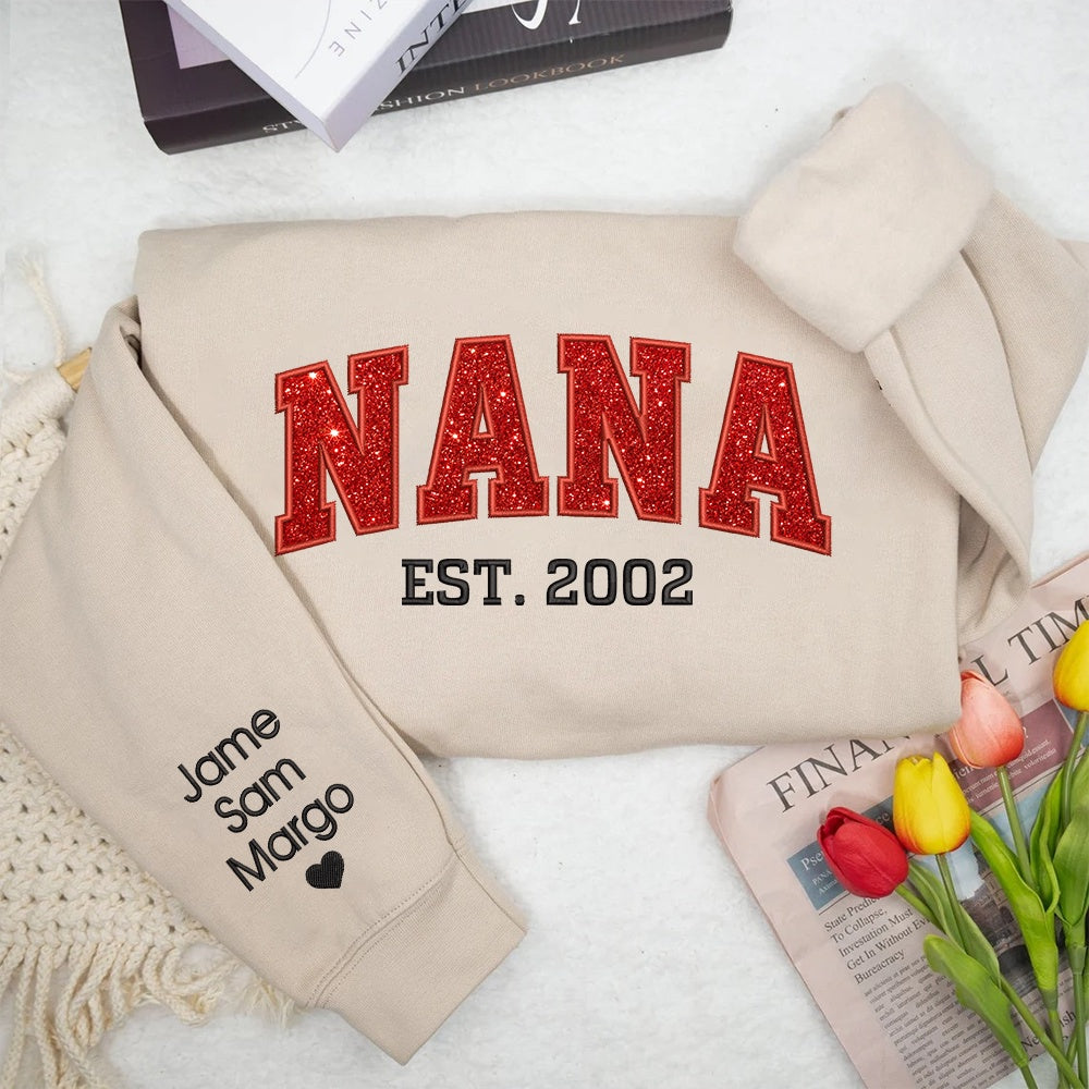 Embroidered Sweatshirt, Custom Nana Glitter Embroidered And Kids Sweatshirt
