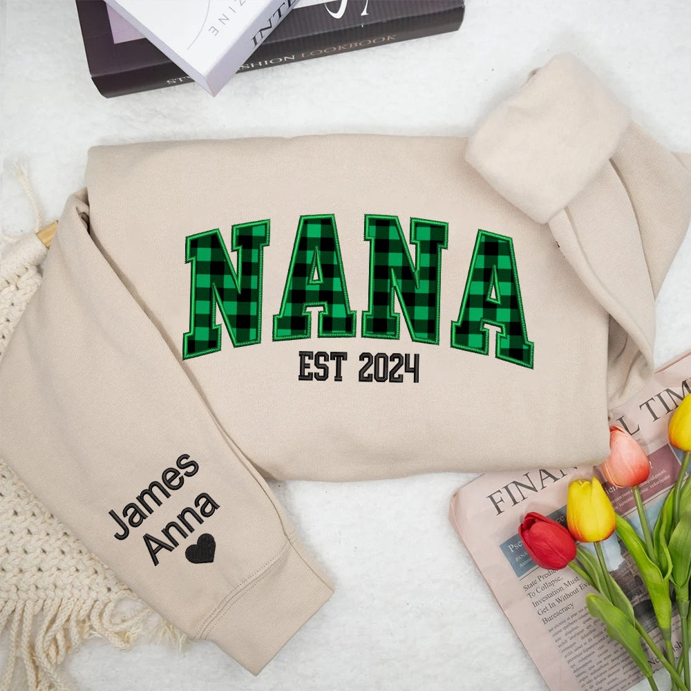 Embroidered Sweatshirt, Custom Nana Green Caro Embroidered And Kids Sweatshirt