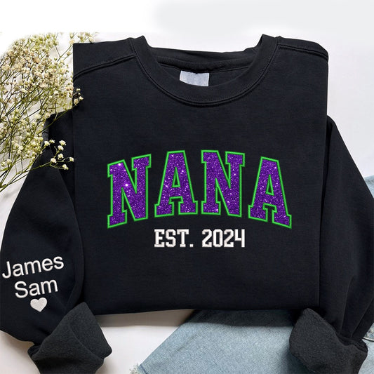 Embroidered Sweatshirt, Custom Nana Green Purple Glitter Embroidered And Kids Sweatshirt
