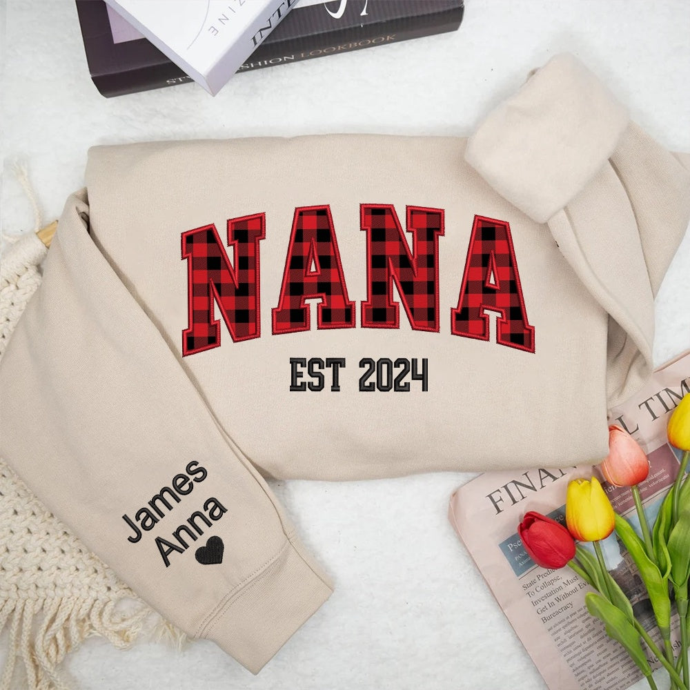 Embroidered Sweatshirt, Custom Nana Red Black Caro Embroidered And Kids Sweatshirt