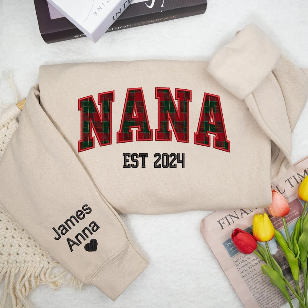 Embroidered Sweatshirt, Custom Nana Red Green Caro Embroidered And Kids Sweatshirt